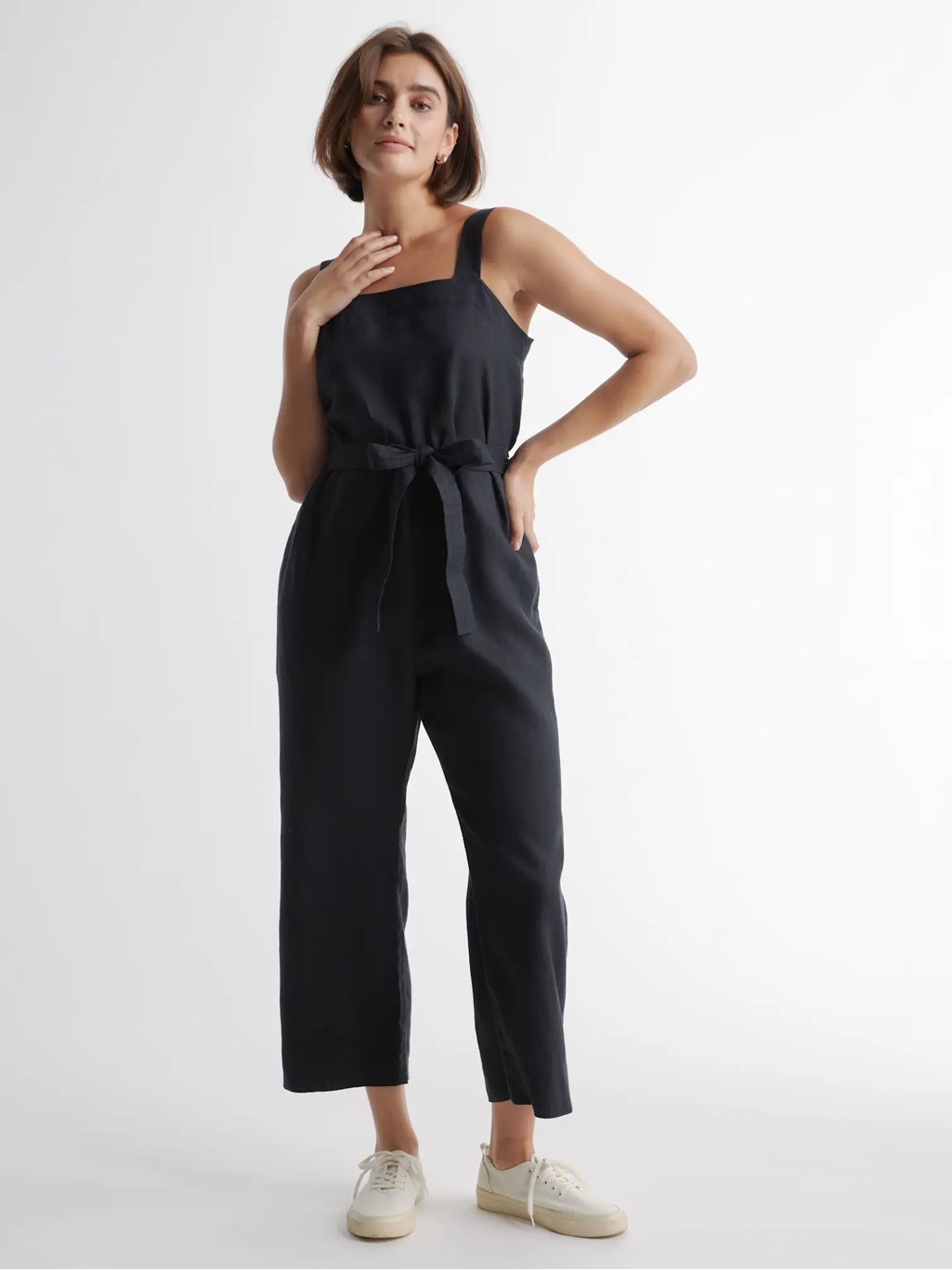 Quince Women’s 100% European Linen Square Neck Jumpsuit Black Xs